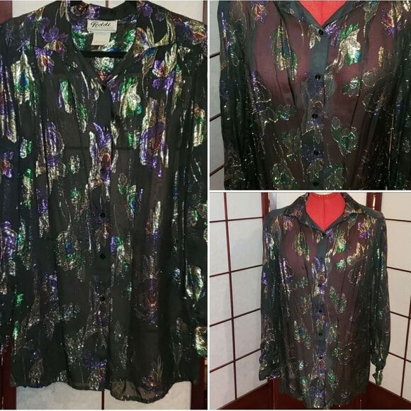 Teddi of Cali. Sheer Black Metallic Floral Blouse - Picture 1 of 10